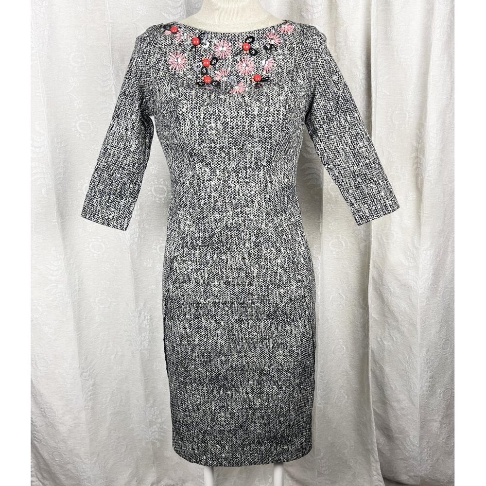 Lela Rose Embellished tweed sheath dress beaded midi 3/4 sleeve stretch classic